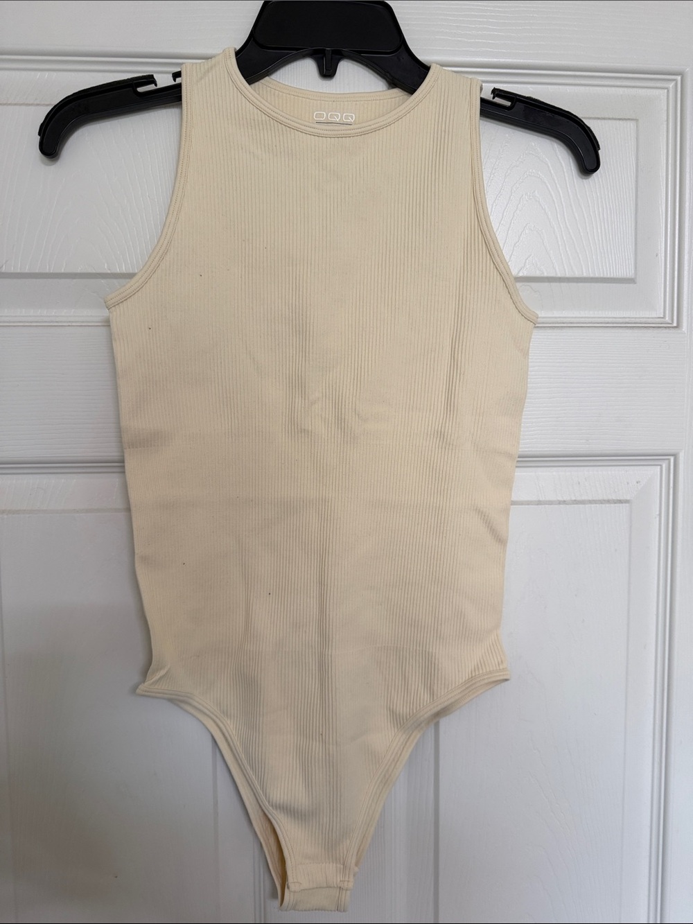 OQQ Woman’s Cream Ribbed Tank One-Piece - Sleeveless Bodysuit